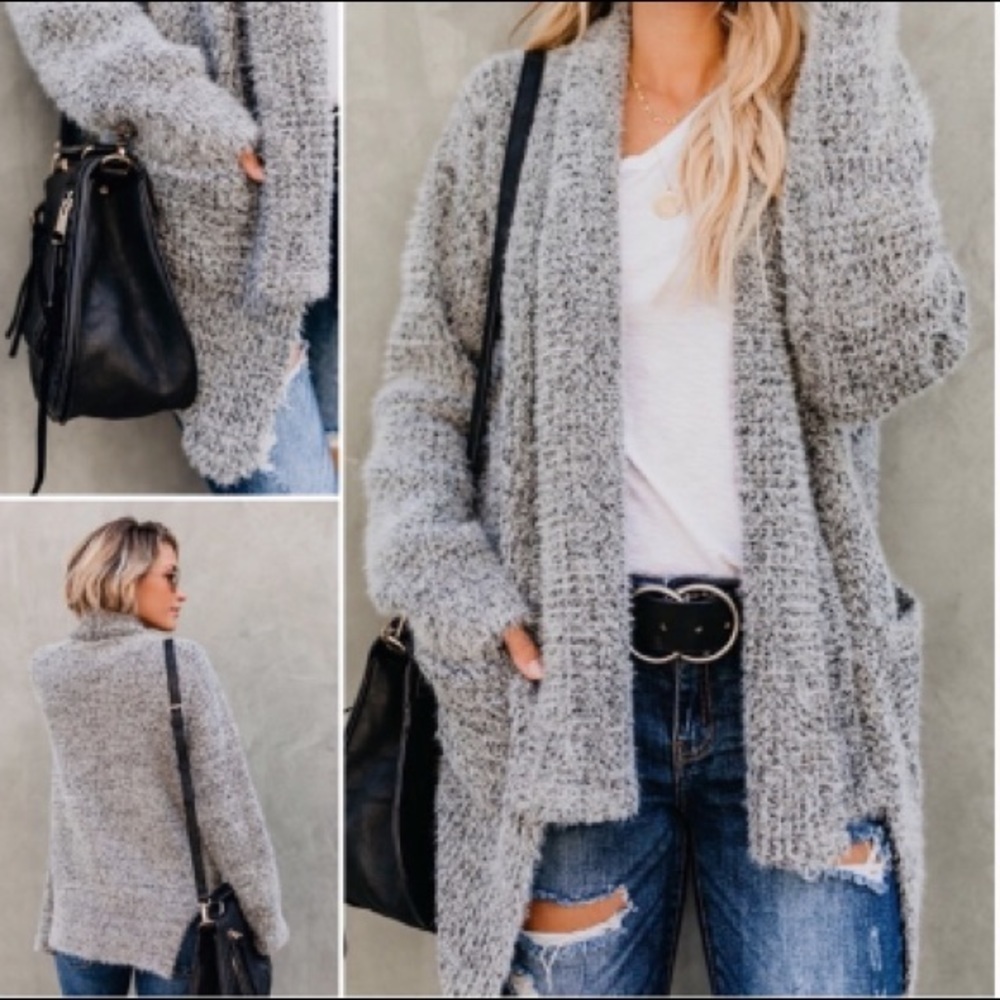 VICI Gray Knitted Chunky Fuzzy Open Cardigan, size Small